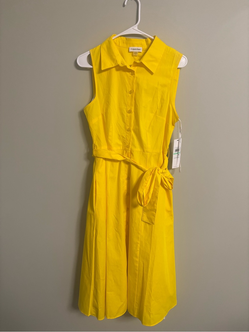Calvin Klein Yellow Sleeveless Midi Shirt Dress Tie Waist Belt Size 8 New Pocket